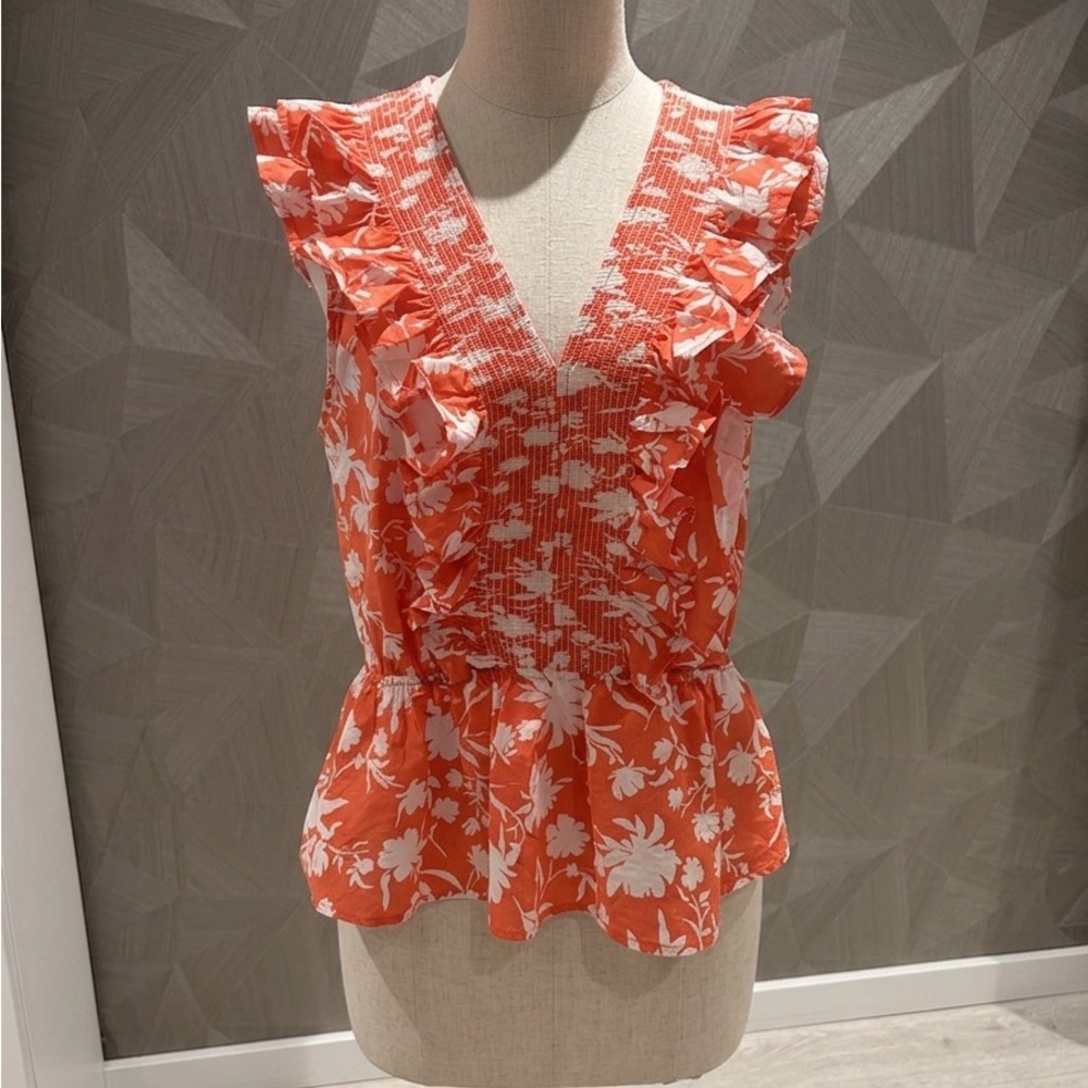 Alice Blue Coral and White Ruffle Peplum Blouse